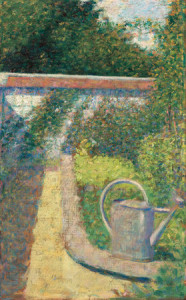 George Seurat: The Watering Can - Garden at Le Raincy, c. 1883, oil on panel, Collection of Mr. and Mrs. Paul Mellon