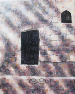 Digital photo of acrylic painting entitled "Garden Tomb" © 2016 (Linda) "Eilee" S. George, 16"w x 20"h, part of the Israel Series for Calvary Community Baptistt Church in Northglenn, CO; lovingly painted with squarish strokes in a Neo-Pixelist style in colors including ochre, cream, mauve, plum, charcoal, taupe, sepia, gold, brown and white, depicting the tomb of the risen Christ with the door rolled open; includes the scripture: "He is not here, for He is risen, as He said. Come, see the place where the Lord lay." - Matthew 28:6 signed L. Eilee George with logo