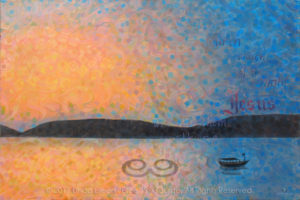 Digital photo of acrylic painting entitled "Sea of Galilee" © 2017 (Linda) "Eilee" S. George, 24"h x 36"w, part of the Israel Series for Calvary Community Baptist Church in Northglenn, CO; lovingly painted with squarish strokes in a Neo-Pixelist style in colors including ochre, cream, mauve, plum, charcoal, blue, orange, yellow, purple, pink, lavender, navy, gold, brown and white, depicting the Sea of Galilee with silhouetted boat and mountains; includes the scripture: "And on the fourth watch of the night, Jesus went unto them, walking on the water." - Matthew 16:25 signed L. Eilee George with logo