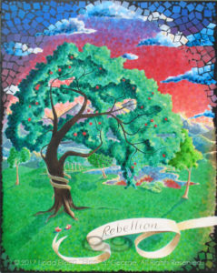 Digital photo of acrylic painting entitled "Rebellion: The Tree of Knowledge of Good and Evil" © 2017 (Linda) "Eilee" S. George, 48"w x 60"h, part of the "3 Trees" Triptych within the Israel Series for Calvary Community Baptist Church in Northglenn, CO; lovingly painted with squarish strokes in a Neo-Pixelist style in colors including ochre, cream, mauve, plum, red, salmon, yellow, purple, blue, olive, charcoal, black, green, lime, violet, fuschia, indigo, sepia, gold, brown and white, depicting the Tree of the Knowledge of Good and Evil in the Garden of Eden, a serpent wrapped around its trunk and two bitten and hastily discarded pieces of fruit at its roots; signed L. Eilee George with logo