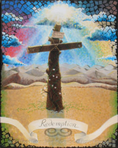 Digital photo of acrylic painting entitled "Redemption: The Tree of the Cross" © 2017 (Linda) "Eilee" S. George, 48"w x 60"h, part of the "3 Trees" Triptych within the Israel Series for Calvary Community Baptist Church in Northglenn, CO; lovingly painted with squarish strokes in a Neo-Pixelist style in colors including ochre, cream, mauve, plum, red, salmon, yellow, purple, blue, olive, charcoal, black, green, lime, violet, fuschia, indigo, sepia, gold, brown, beige and white, depicting the Tree of the Cross Calvary/Golgotha against a background of distant Jericho's barren mountains and dunes, a symbolic blooming dogwood sapling and life-affirming vines growing at the base of its trunk and a dramatic burst of sun rays from darkened clouds with the light of hope sent by God; signed L. Eilee George with logo