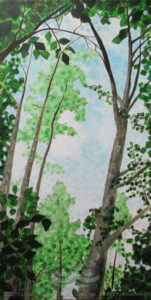 Digital image of the acrylic painting entitled "Arborolatree" by L. "Eilee" S. George, 12"x24", acrylic on canvas, painted in 2013, of trees in the forest near Gold Hill, Colorado during the summer