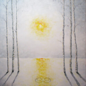 Digital image of the acrylic painting entitled "Burnout" by L. "Eilee" S. George, 36"x36", acrylic on canvas, painted in 2013, of trees flanking a view of a hazy sun during winter, the snow slightly melted and reflecting the glow