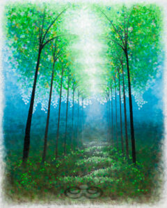 Digital image of the acrylic painting entitled "Catreedral" by L. "Eilee" S. George, 48"x60", acrylic on canvas, painted in 2012, of a dreamy stand of trees filtering powerful light spilling down from above