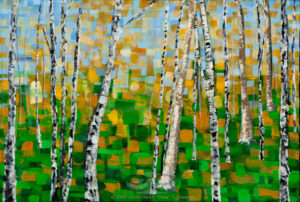 Digital image of the acrylic painting entitled "Colorussia I" by L. "Eilee" S. George, 36"x24", acrylic on canvas, painted in 2008, of a Colorado aspen grove in autumn