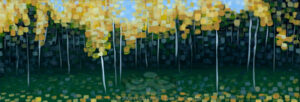 Digital image of the acrylic painting entitled "Colorussia II" by L. "Eilee" S. George, 12"x24", acrylic on canvas, painted in 2009, of an aspen grove in Rocky Mountain National Park during autumn near Estes Park, Colorado