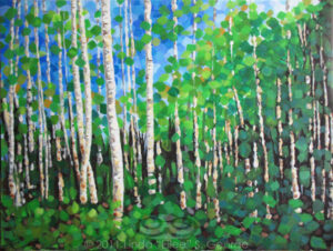 Digital image of original acrylic/multimedia work by Linda Eileen S. George a.k.a "Eilee" George entitled 'Colorussia III'; 40" w x 30" h x .75" d; a stylized summer scene with aspens against a blue sky