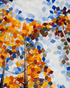 Digital image of the acrylic painting entitled "Colorussia IV" by L. "Eilee" S. George, 18"x24", acrylic on canvas, painted in 2011, of aspen trees growing skyward in autumn near Idaho Springs, Colorado