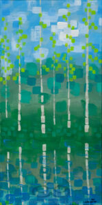 Digital image of the acrylic painting entitled "Colorussia IV a" by L. "Eilee" S. George, 12"x24", acrylic on canvas, painted in 2011, of Colorado aspens growing waterside in spring - 1st in a pair/diptych