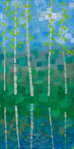 Digital image of the acrylic painting entitled "Colorussia IV b" by L. "Eilee" S. George, 12"x24", acrylic on canvas, painted in 2011, of Colorado aspens growing waterside in spring - 2nd in a pair/diptych