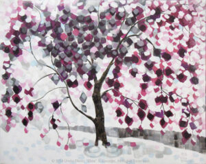 Digital image of original acrylic/multimedia work by Linda Eileen S. George a.k.a "Eilee" George entitled 'Frostree' painted in 2013; 16"h x 20"w x .75" d; a stylized spring scene of a blooming crabapple tree caught in snow