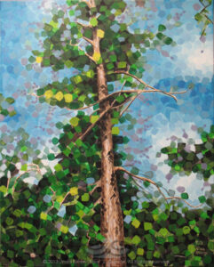 Digital image of original acrylic painting by Linda Eileen S. George a.k.a "Eilee" George on canvas entitled 'Loftree' painted in 2013; 24" h x 18" w; a representation of a ponderosa in bright afternoon sun, in a rectilinear, fractured style