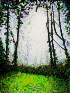 Digital image of the acrylic painting entitled "Luminositree" by L. "Eilee" S. George, 18"x24", acrylic on canvas, painted in 2012, of a backlit stand of trees near Portland, Oregon during spring along the Columbia River