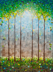 Digital image of the acrylic painting entitled "Ministree" by L. "Eilee" S. George, 18"x24", acrylic on canvas, painted in 2012, of a stylized stand of trees simulating gothic arches and stained glass