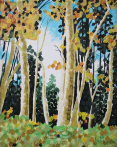 Digital image of original acrylic painting by Linda Eileen S. George a.k.a "Eilee" George on canvas entitled 'Octreeber'; 10" h x 8" w; a representation of autumn aspens in bright afternoon sun, in a rectilinear, fractured style