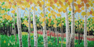 Digital image of original acrylic/multimedia work by Linda Eileen S. George a.k.a "Eilee" George entitled 'Pageantree'; 24" w x 12" h x 1.75" d; a stylized autumn scene of aspens in a meadow