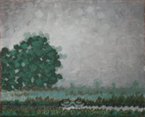 Digital image of the acrylic painting entitled "Thirstree" by L. "Eilee" S. George, 8.5"x11", acrylic on canvas, painted in 2015, of trees in the fog in rural Henderson, Colorado during the spring