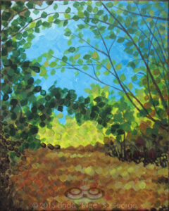 Digital image of the acrylic painting entitled "Territree" by L. "Eilee" S. George, 8.5"x11", acrylic on canvas, painted in 2015, of trees growing alongside a path in Lair o' the Bear open space park near Morrison, Colorado during the autumn, as dappled sunlight is cast through the trees from the left to fall invitingly onto random spots on the path