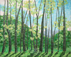 Digital image of original acrylic painting by Linda Eileen S. George a.k.a "Eilee" George on canvas entitled 'Unitree'; 10" w x 8" h; a representation of a glade of springtime trees in bright daylight, in a rectilinear, fractured style