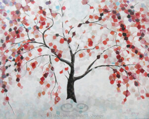 Digital image of original acrylic/multimedia work by Linda Eileen S. George a.k.a "Eilee" George entitled 'Wintree'; 16"h x 20"w x .75" d; a stylized spring scene of a blooming weeping cherry tree caught in snow