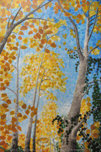 Digital image of original acrylic/multimedia work by Linda Eileen S. George a.k.a "Eilee" George entitled 'Idolatree'; 24" w x 36" h x 1.75" d; a stylized autumn scene with aspens against a blue sky