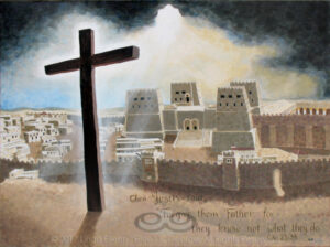 Digital photo of acrylic painting entitled "Calvary" © 2017 (Linda) "Eilee" S. George, 36"h x 48"w, part of the Israel Series for Calvary Community Baptistt Church in Northglenn, CO; lovingly painted with squarish strokes in a Neo-Pixelist style in colors including ochre, cream, mauve, plum, charcoal, taupe, sepia, gold, brown, beige, blue, yellow and white, depicting the Cross aglow in light bursting from dramatic clouds over the Antonia Fortress adjacent to the Temple of Jerusalem in the Second Temple Period; includes the scripture: "Then Jesus said, "Forgive them, Father, for they know not what they do." - Luke 23:34 signed L. Eilee George with logo