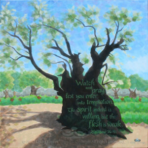 Digital photo of acrylic painting entitled "Ancient Tree, Gethsemane" © 2017 (Linda) "Eilee" S. George, 24"w x 24"h, part of the Israel Series for Calvary Community Baptistt Church in Northglenn, CO; lovingly painted with squarish strokes in a Neo-Pixelist style in colors including ochre, cream, greens, blues, charcoal, taupe, sepia, gold, brown and white, depicting a tree in the Garden of Gethsemane rumored to be old enough to have been there during the life of Christ; includes the scripture: "Watch and pray, lest you enter into temptation. The spirit indeed is willing, but the flesh is weak." - Matthew 26:41 signed L. Eilee George with logo