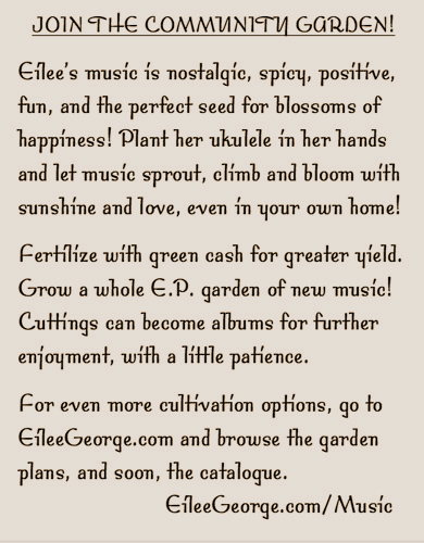 Image of the pitch included with images of flower seed packets with different flowers on the front and this being the back: a promo message for Eilee's music making, © 2021 L. Eilee S. George