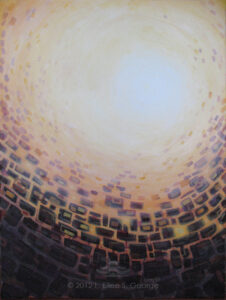 Digital image of original acrylic painting by Linda Eileen S. George a.k.a "Eilee" George on canvas entitled 'Pursuit of Providence'; 30" w x 40" h, a view of a light in a glowing peach sky beyond deep purple-gray stones and bricks that seem to surround the viewer from below and break up and deconstruct into the sky as they reach toward the light, a metaphor for the fact that often the walls that we perceive to be encompassing and limiting us are built by our own hands (or minds), and therefore can be broken down by our own conscious will in order to achieve our destinies