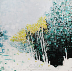"Alchemistree" © 2013 Linda Eileen S. George a.k.a "Eilee" George; 24" x 24" x 1.75"; acrylic on canvas. Original and some prints available by custom order. Digital image of original acrylic/multimedia work by Linda Eileen S. George a.k.a "Eilee" George entitled 'Alchemistree'; 24" x 24" x 1.75"; a stylized autumn scene with aspens and evergreens partially deconstructed in a square/fractal style and embellished with metallic paints.
