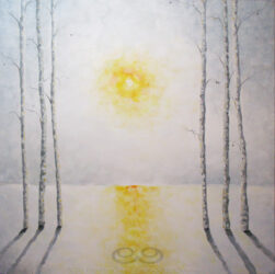 Digital image of the acrylic painting entitled "Burnout" by L. "Eilee" S. George, 36"x36", acrylic on canvas, painted in 2013, of trees flanking a view of a hazy sun during winter, the snow slightly melted and reflecting the glow