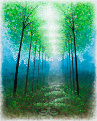 "Catreedral" © 2012 L. Eileen S. George a.k.a. "Eilee" George, 48"x60", acrylic on canvas. Original and some prints available by custom order. Digital image of the acrylic painting entitled "Catreedral" by L. "Eilee" S. George, 48"x60", acrylic on canvas, painted in 2012, of a dreamy stand of trees filtering powerful light spilling down from above