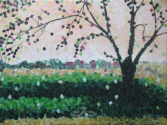 "Hygrometree" © 2013 Linda Eileen S. George a.k.a "Eilee" George; 18"h x 24"w x .75"; acrylic on canvas. Original and some prints available by custom order. Digital image of original acrylic/multimedia work by Linda Eileen S. George a.k.a "Eilee" George entitled 'Hygrometree'; 18"h x 24"w x .75"; a stylized summer rain scene with a silhouetted tree before a soft orange sunset with backlit raindrops