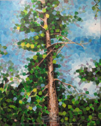 "Loftree" © 2013 L. Eileen S. George a.k.a "Eilee" George; 24" h x 18" w; acrylic on canvas. Original and some prints available by custom order. Digital image of original acrylic painting by Linda Eileen S. George a.k.a "Eilee" George on canvas entitled 'Loftree' painted in 2013; 24" h x 18" w; a representation of a ponderosa in bright afternoon sun, in a rectilinear, fractured style