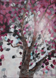 "Poetree" © 2013 Linda Eileen S. George a.k.a "Eilee" George; 5"w x 7"h x .75" d; acrylic on canvas. SOLD. Some prints available by custom order. Digital image of original acrylic/multimedia work by Linda Eileen S. George a.k.a "Eilee" George entitled 'Poetree'; 5"w x 7"h x .75" d; a stylized spring scene of a blooming fruit tree in a late snow