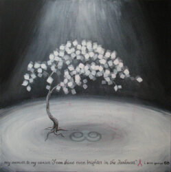 "Shine" © 2012 Linda Eileen S. George a.k.a "Eilee" George; 20" x 20" x 1.75"; acrylic on canvas. Original and some prints available by custom order. Digital image of original acrylic/multimedia work by Linda Eileen S. George a.k.a "Eilee" George entitled 'Shine'; 20" x 20" x 1.75"; a stylized scene, mostly in black/white/grayscale with silver accents, of a gnarled little tree glowing and spotlit in the darkness, and emitting pink dust, with text painted at the bottom proclaiming: my answer to my cancer: "i can shine even brighter in the darkness."
