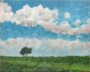 "Solitree" © 2015 L. Eileen S. George a.k.a. "Eilee" George, 8.5"x11", acrylic on canvas. Original and some prints available by custom order. Digital image of the acrylic painting entitled "Solitree" by L. "Eilee" S. George, 8.5"x11", acrylic on canvas, painted in 2015, of a solitary tree on a broad hill in rural Erie, Colorado during the late spring