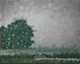 "Thirstree" © 2015 L. Eileen S. George a.k.a. "Eilee" George, 8.5"x11", acrylic on canvas. Original and some prints available by custom order. Digital image of the acrylic painting entitled "Thirstree" by L. "Eilee" S. George, 8.5"x11", acrylic on canvas, painted in 2015, of trees in the fog in rural Henderson, Colorado during the spring