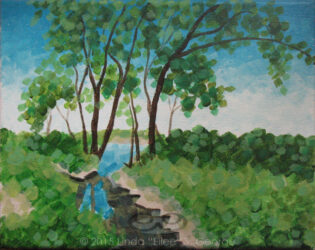 "Thirstree" © 2015 L. Eileen S. George a.k.a. "Eilee" George, 8.5"x11", acrylic on canvas. RESERVED to be SOLD. Some prints available by custom order. Digital image of the acrylic painting entitled "Thirstree" by L. "Eilee" S. George, 8.5"x11", acrylic on canvas, painted in 2015, of trees growing alongside a canal in Welby, Colorado during the summer