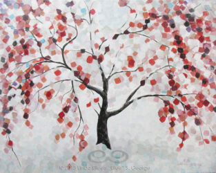 "Wintree" © 2013 Linda Eileen S. George a.k.a "Eilee" George; 16"h x 20"w x .75" d; acrylic on canvas. Original and some prints available by custom order. Digital image of original acrylic/multimedia work by Linda Eileen S. George a.k.a "Eilee" George entitled 'Wintree'; 16"h x 20"w x .75" d; a stylized spring scene of a blooming weeping cherry tree caught in snow