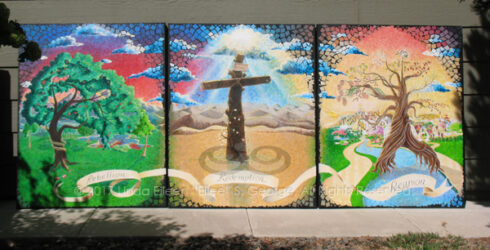 "3 Trees Triptych": respectively entitled "Rebellion: The Tree of Knowledge of Good and Evil", "Redemption: The Tree of the Cross" and "Reunion: The Tree of Life", all are © 2017 (Linda) "Eilee" S. George, 48"w x 60"h each, part of the Israel Series for Calvary Community Baptist Church in Northglenn, CO, acrylic on canvas. SOLD. Some prints available by custom order. Digital photo of 3 acrylic paintings comprising the "3 Trees Triptych": respectively entitled "Rebellion: The Tree of Knowledge of Good and Evil", "Redemption: The Tree of the Cross" and "Reunion: The Tree of Life", all are © 2017 (Linda) "Eilee" S. George, 48"w x 60"h each, part of the Israel Series for Calvary Community Baptist Church in Northglenn, CO; lovingly painted with squarish strokes in a Neo-Pixelist style in many colors; each signed L. Eilee George with logo