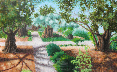 "Garden of Gethsemane" © 2016 (Linda) "Eilee" S. George, 30"h x 48"w, part of the Israel Series, acrylic on canvas. SOLD. Some prints available by custom order. Digital photo of acrylic painting entitled "Garden of Gethsemane" © 2016 (Linda) "Eilee" S. George, 30"h x 48"w, part of the Israel Series for Calvary Community Baptistt Church in Northglenn, CO; lovingly painted with squarish strokes in a Neo-Pixelist style in colors including ochre, cream, green, aqua, charcoal, taupe, sepia, blue, periwinkle, terra cotta, orange, yellow, mint green, gray, gold, brown and white, depicting the Garden of Gethsemane; includes the scripture: "Father, if Thou be willing, remove this cup from Me; nevertheless, not My will but Thine, be done." - Luke 22:42 signed L. Eilee George with logo