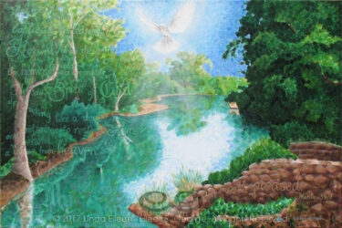 "River Jordan" © 2017 (Linda) "Eilee" S. George, 24"h x 36"w, part of the Israel Series, acrylic on canvas. SOLD. Some prints available by custom order. Digital photo of acrylic painting entitled "River Jordan" © 2017 (Linda) "Eilee" S. George, 24"h x 36"w, part of the Israel Series for Calvary Community Baptistt Church in Northglenn, CO; lovingly painted with squarish strokes in a Neo-Pixelist style in colors including many greens, aqua, terra cotta, lime, ochre, cream, blue, periwinkle, charcoal, taupe, sepia, gold, brown and white, depicting River Jordan where Christ was baptized; includes the scripture: "And when Jesus was baptized, immediately He went up from the water and behold, the heavens were opened to Him, and He saw the Spirit of God descending like a dove and coming to rest on Him and behold, a Voice from heaven said, "This is My beloved Son, with Whom I am well pleased." - Matthew 3:16-17 signed L. Eilee George with logo