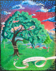 Digital photo of acrylic painting entitled "Rebellion: The Tree of Knowledge of Good and Evil" © 2017 (Linda) "Eilee" S. George, 48"w x 60"h, part of the "3 Trees" Triptych within the Israel Series for Calvary Community Baptist Church in Northglenn, CO; lovingly painted with squarish strokes in a Neo-Pixelist style in colors including ochre, cream, mauve, plum, red, salmon, yellow, purple, blue, olive, charcoal, black, green, lime, violet, fuschia, indigo, sepia, gold, brown and white, depicting the Tree of the Knowledge of Good and Evil in the Garden of Eden, a serpent wrapped around its trunk and two bitten and hastily discarded pieces of fruit at its roots; signed L. Eilee George with logo