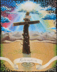 Digital photo of acrylic painting entitled "Redemption: The Tree of the Cross" © 2017 (Linda) "Eilee" S. George, 48"w x 60"h, part of the "3 Trees" Triptych within the Israel Series for Calvary Community Baptist Church in Northglenn, CO; lovingly painted with squarish strokes in a Neo-Pixelist style in colors including ochre, cream, mauve, plum, red, salmon, yellow, purple, blue, olive, charcoal, black, green, lime, violet, fuschia, indigo, sepia, gold, brown, beige and white, depicting the Tree of the Cross Calvary/Golgotha against a background of distant Jericho's barren mountains and dunes, a symbolic blooming dogwood sapling and life-affirming vines growing at the base of its trunk and a dramatic burst of sun rays from darkened clouds with the light of hope sent by God; signed L. Eilee George with logo