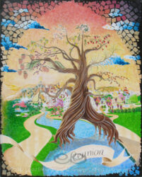 "Reunion: The Tree of Life" © 2017 (Linda) "Eilee" S. George, 48"w x 60"h, part of the "3 Trees" Triptych within the Israel Series, acrylic on canvas. SOLD. Some prints available by custom order. Digital photo of acrylic painting entitled "Reunion: The Tree of Life" © 2017 (Linda) "Eilee" S. George, 48"w x 60"h, part of the "3 Trees" Triptych within the Israel Series for Calvary Community Baptist Church in Northglenn, CO; lovingly painted with squarish strokes in a Neo-Pixelist style in colors including ochre, cream, mauve, plum, red, salmon, yellow, purple, blue, olive, charcoal, black, green, lime, violet, pink, periwinkle, sepia, gold, brown and white, depicting the Tree of Life in the New Jerusalem as it descends, a tree that grows on either side of the River of Life with 12 crops and leaves for the healing of nations which are represented by many styles of world architecture in the great City and lit by the throne from which the River emits as described in Revelation; signed L. Eilee George with logo