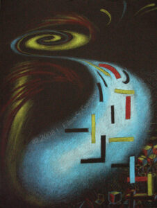 Digital image of original Prismacolor pencil drawing by Linda Eileen S. George a.k.a "Eilee" George on black paper entitled 'Artistic Arithmetic'; 12" h x 9" w; a representation of elements of math, shape, form, color and dimensions from a dream