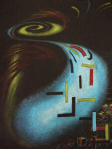 Digital image of original Prismacolor pencil drawing by Linda Eileen S. George a.k.a "Eilee" George on black paper entitled 'Artistic Arithmetic'; 12" h x 9" w; a representation of elements of math, shape, form, color and dimensions from a dream