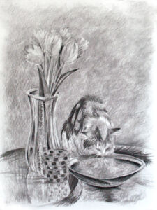 Digital image of charcoal drawing "Be Still Life" (Peekaboo) by L. Eilee S. George © 2008 L. Eilee S. George