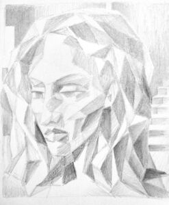 Digital image of graphite drawing of a human female bust in a cubist concept © 2012 L. Eilee S. George